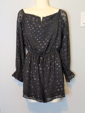 Express Black Sheer Long Sleeve Polka Dot Romper